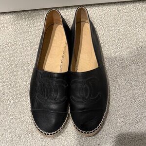CHANEL Black Leather Espadrilles with Embroidered CC